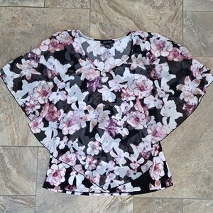 Adele & May Floral Chiffon Blouse Black and Pink XL Flowy Feminine‎